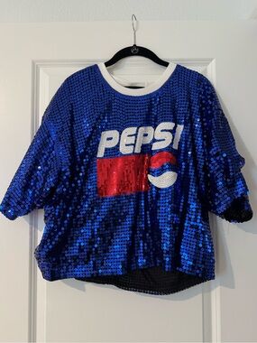 Pepsi Logo Blue Sequin Top Tee Y2K Colorblock Logo Size Small